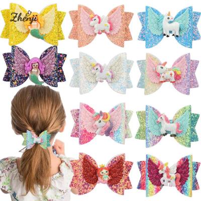 China Popular fashion glitter mermaid unicorn hair clip sparkle sequin bowknot hair bow kids hair accessories for sale