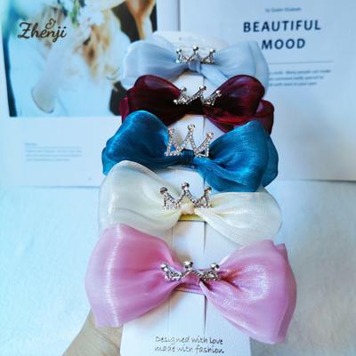 China Beautiful Fashion Kids Hair Bow Clips Hair Accessories Girls 4.5 Inch Organza Crown Bows Hair Clips for sale