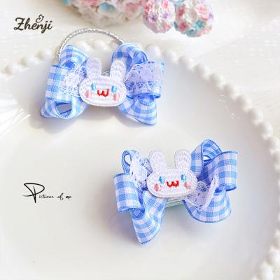 China Infant Little Baby Bunny Party Hair Accessories Fairy Blue Plaid Gingham Ribbon Hair Flips Hair Bow Hair Clip For Easter for sale