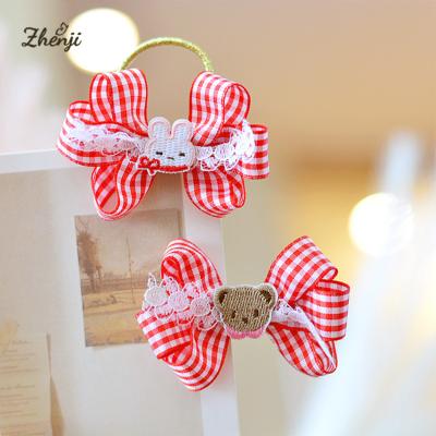 China Newest Children's Party Hair Ties Babies Little Bear Rabbit Red Plaid Gingham Cute Hair Bow With Full Velvet Striped Clip for sale