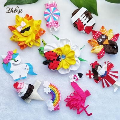 China Unique fashion babies cartoon glitter ribbon unicorn princess rainbow mermaid mickey flower hair bow with clip for kids for sale