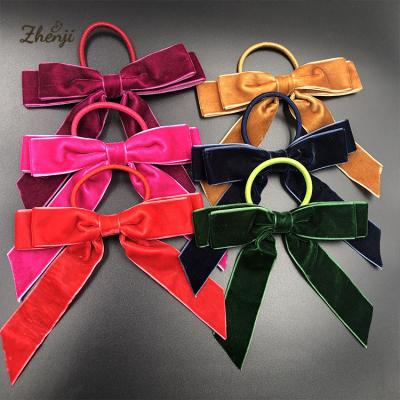 China Soft Children's Velor Elastic Hair Bow Hair Band Girls Solid Rubber Ponytail Flips Elastic Hair Ties For Kids for sale