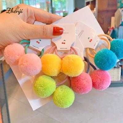 China Small Soft Solid Fur Ball With Elastic Rope Handmade Hair Band For Kids Girls Hair Flips Accessories for sale