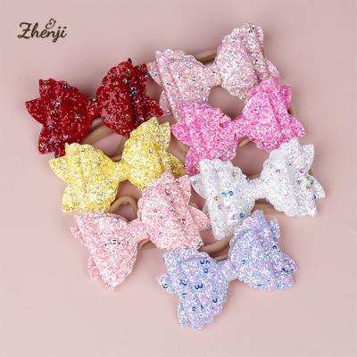 China Three-Layer Bow Baby Hair Band Soft Elastic Sequin Bow Nylon Children Headbands for sale