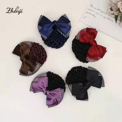 China Professional Lady Hair Accessories Hairgrip Fashionable Satin Band Hair Bow Net Barrette Ladies Stewardess Snood Hair Clip for sale