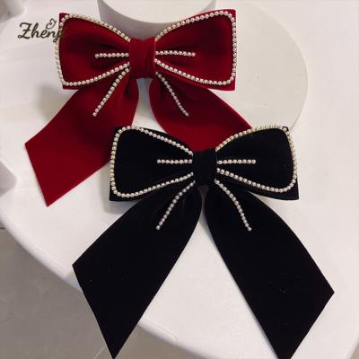 China New Sweet Autumn Winter Velvet Pearl Ribbon Hair Bow With Spring Hair Clip Elegant Girl's Top Hair Accessories For Women Girls for sale