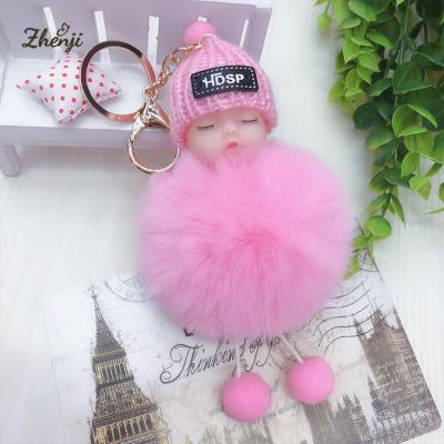 China Cute Key Pendant Pink Sleep Baby Fur Ball Key Chains Soft Cute Lady Bag Key Chain Plush Doll Toy Car Pendant Key Chains for Girls for sale