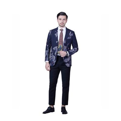 China New Design Navy Color Print Mens Suit Anti-Wrinkle V-Neck Lapel Single Breasted Two Button Male Suits Mens Suits for sale