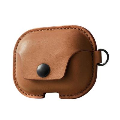 China Snap Button As Closurer Tooth Waterproof Cute Universal Earphone Case Blue Cover With Wrist Lanyard Genuine Leather Earbuds Customized Wireless Case for sale