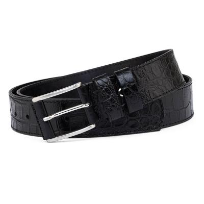 China Fashionable silver color buckle mental men's grain leather belt crocodile pattern full embossed premium private label leather belt for men for sale