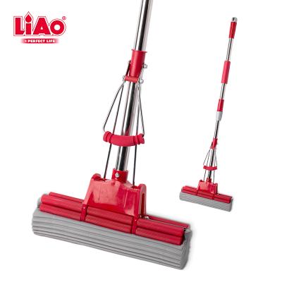 China LiAo 27cm Sustainable Self Wringing Magic Quad Roller PVA Foam Squeeze Broom With Water Absorbing Sponge Head for sale