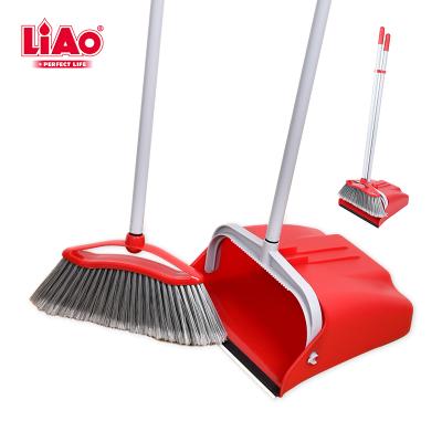 China LiAo Wholesale Windproof Brooms and Home Dustpans Set with Stand Up Big Size Plastic Dust Pan Broom Brush and Long Handle for sale