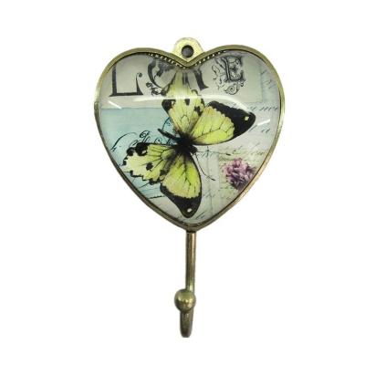 China Butterfly heart-shaped design hook wall folk art metal glass decoration, clothes hook, hook for clothes for sale