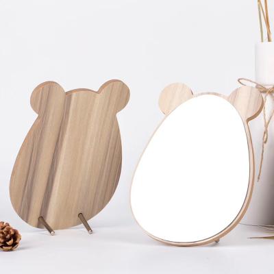 China Hot Selling Personalized Cartoon Mirror Bear Ear Design Students Wooden Table Bedroom Or Household Randomly Placed Makeup Mirror for sale