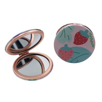 China Wholesale Amazon Cute Strawberry Pattern Color Rose Gold Metal Makeup Mirror Custom Pocket Magnifying Mirror for sale