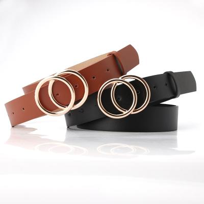 China Fashion.Casual fashion PU leather belts double O-ring buckle solid color women belts for jeans for sale