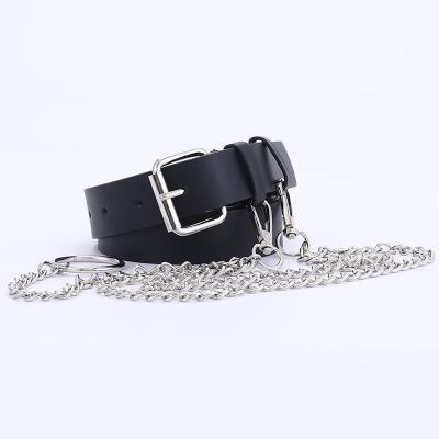 China New Fashion.Casual Trend Chain Belts With Lobster Clasp, Black PU Leather Belts With Two Rings for sale