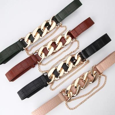 China New Cool Designer Belts, Gold Trend Fashion Leather Metal-circle Connected Stitched Chain Belt Female for sale