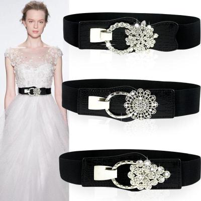 China Shiny Delicacy 7 Styles Flower-shape Studded Black Crystal Belt For Woman Diamonds 5CM Width Elastic for sale