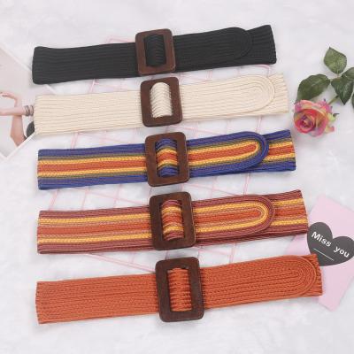 China Leisure Summer Vacation Boho Wood Buckle Mix-color PP Grass Ethnic Handwoven Belt For Women for sale