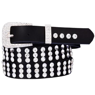 China Fashion.Casual Amazon top grade genuine leather belts,23MM width women leather studded belts with rhinestone for sale