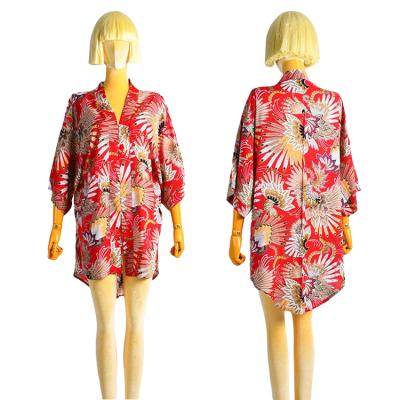 China New Design Women's Kimono Shawl Floral Print Breathable Wholesale Breathable Cardigan Red Kimono for sale