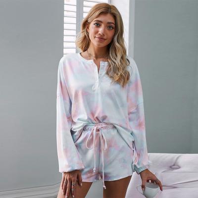 China QUICK DRY Women's Tie Dye Printed Pajamas Set Long Sleeve Tops With Shorts Lounge Set Casual Two Piece Sleepwear for sale