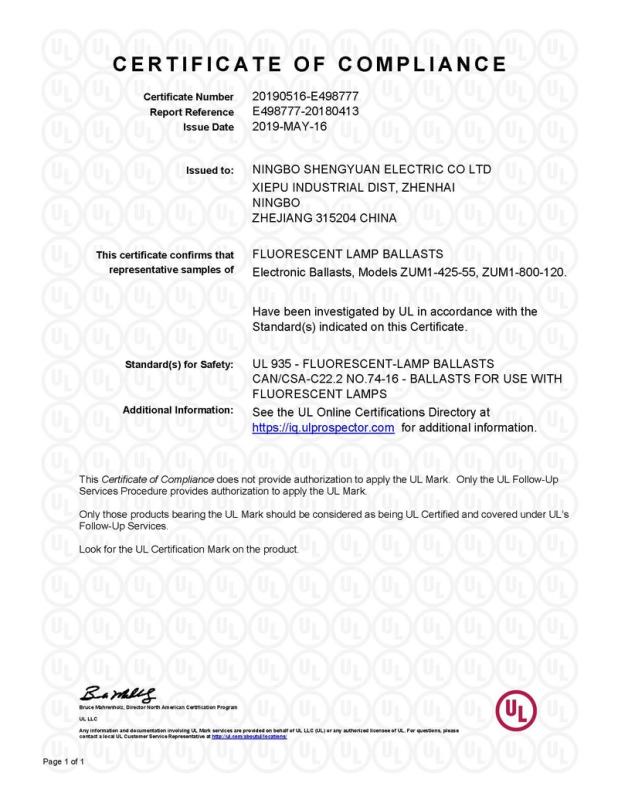 UL - Ningbo Shengyuan Electric Co., Ltd.
