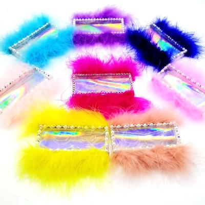 China Recyclable Fluffy Fur Mink Eyelash Case with Feather Pink Nude Purple Blue Pearl Luxury Sliding Eyelash Case for sale