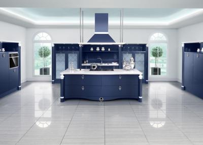 China Frameless Blue European Style Kitchen Cabinets Raised Panel PVC Door U Shape for sale