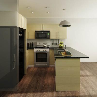 China Wood Grain Modular Melamine Kitchen Cabinets With Black Quartz Countertops Contemporary Style for sale