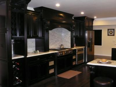 China European Dark Black Solid Wood Kitchen Cabinets With White Marble Countertops for sale