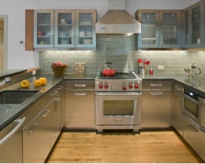 China Integrated U Shape Stainless Steel Kitchen Cabinets With Grey Countertop for sale