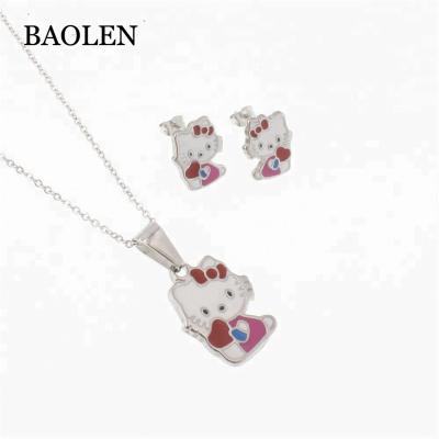 China Wholesale Cartoon Stainless Steel Kids Stick Stainless Steel Gold Plated Enamel Jewelry Sets Hello Kitty Earring Pendant Set for sale