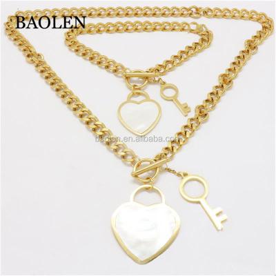 China Hot Selling Long Stainless Steel Chain Big In White Shell Africa Heart Necklace Chain Bracelet Necklace Jewelry Set For Women for sale