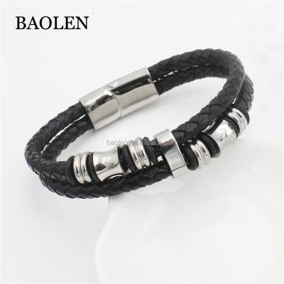 China Hot Selling Stainless Steel Double Layers Man Classic Handmade Genuine Leather Woven Bracelets Fashion New Magnet Clasp Good Steel Bracelet for sale