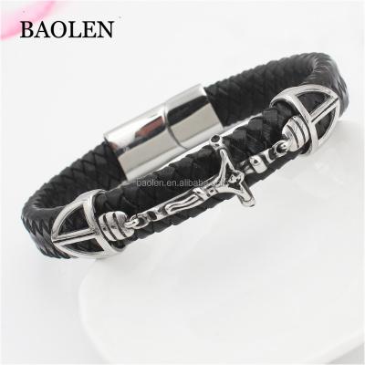 China Stainless Steel Men's Jewelry Vintage Armor Winged Jesus Stainless Steel Leather Bracelet Magnetic Clasp Punk Bracelets Wholesale Cross Bracelet for sale