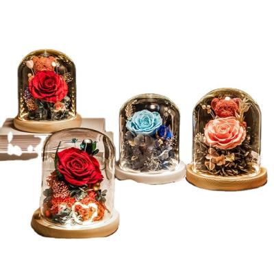 China Gift in glass Gift Box Cover Decoration Real Fresh Eternal Preserved Austin Rose Flower Glass Bell Jar for sale