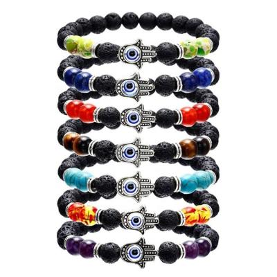 China China Wholesale Natural People Open New Crater Healing Lava Beads Stone Colorful Fatima Hand Evil Eye Bracelet For Crystals Jewelry for sale