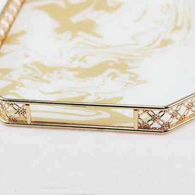 China Wedding Ring Box Exquisite Style Gold Makeup Glass Tray For Vanity, Fascinating Jewelry Decorative Glass Tray for sale