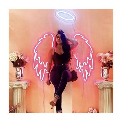 China Buildings Most Popular Wall Art Party Bar Decor Photo Background Angel Wings With Halo Neon Sign Light for sale