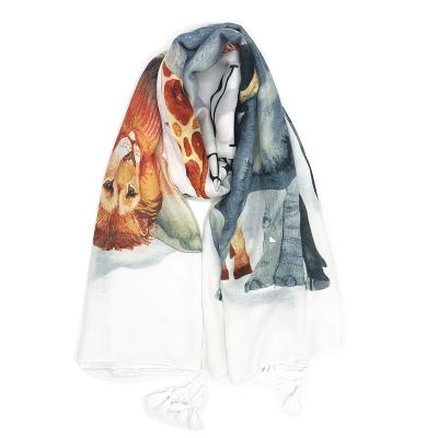 China Newest Design Lion Elephant Animal Printed Scarf Women Cotton Stoles Scarf Canvas Shawls With Tassel for sale