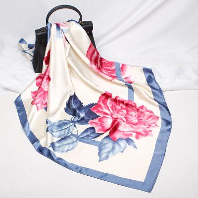 China Decorate Women Vintage Silk Satin Large Square Scarves Peony Flower Pattern Print Retro Top Scarf for sale