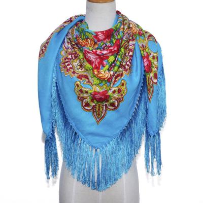 China Summer Shawl Vintage Women Russian National Square Scarf Floral Pattern Retro Fringed Scarves Hijab Head Wraps Russian Ladies Covering Shawl for sale