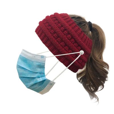 China COMMON 2020 New Design Empty Headband Wool Top Hat Can Hang Mask Button Ponytail Knitted Yarn Twist Woolen Headband for sale