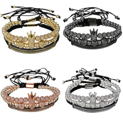 China Nickel Free Mens Handmade Jewelry 3pcs/set Gold Crown Bracelet Set 8mm CZ Balls Inlay Zirconia Crown Macrame Bracelet for sale