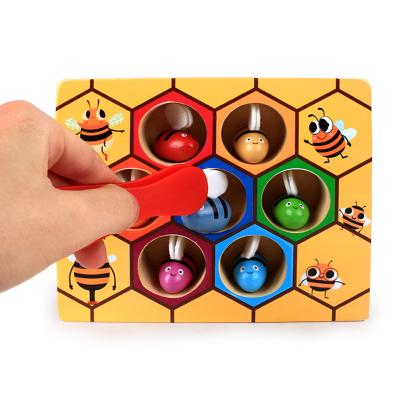 China Wooden Wooden Educational 3D Toys For Children Montessori Education Bee Toy Early Knowledge Clip Color Early Childhood Game Beehive for sale