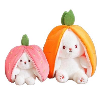 China Creative Funny Plush Toy Stuffed Soft Bunny Hiding Plush Doll Carrot Rabbit in Strawberry Bag Toys for Kids Girls Birthday Gift for sale