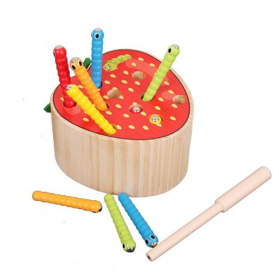 China Early Childhood Wooden 3D Toys Baby Educational Toys Puzzle Catch Worm Game Color Cognitive Magnetic Strawberry Apple for sale