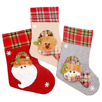 China Christmas Decor Christmas Stocking Plaid Brown Wool Christmas Stocking Gift Bag Children's Candy Bag Christmas Decorations for sale